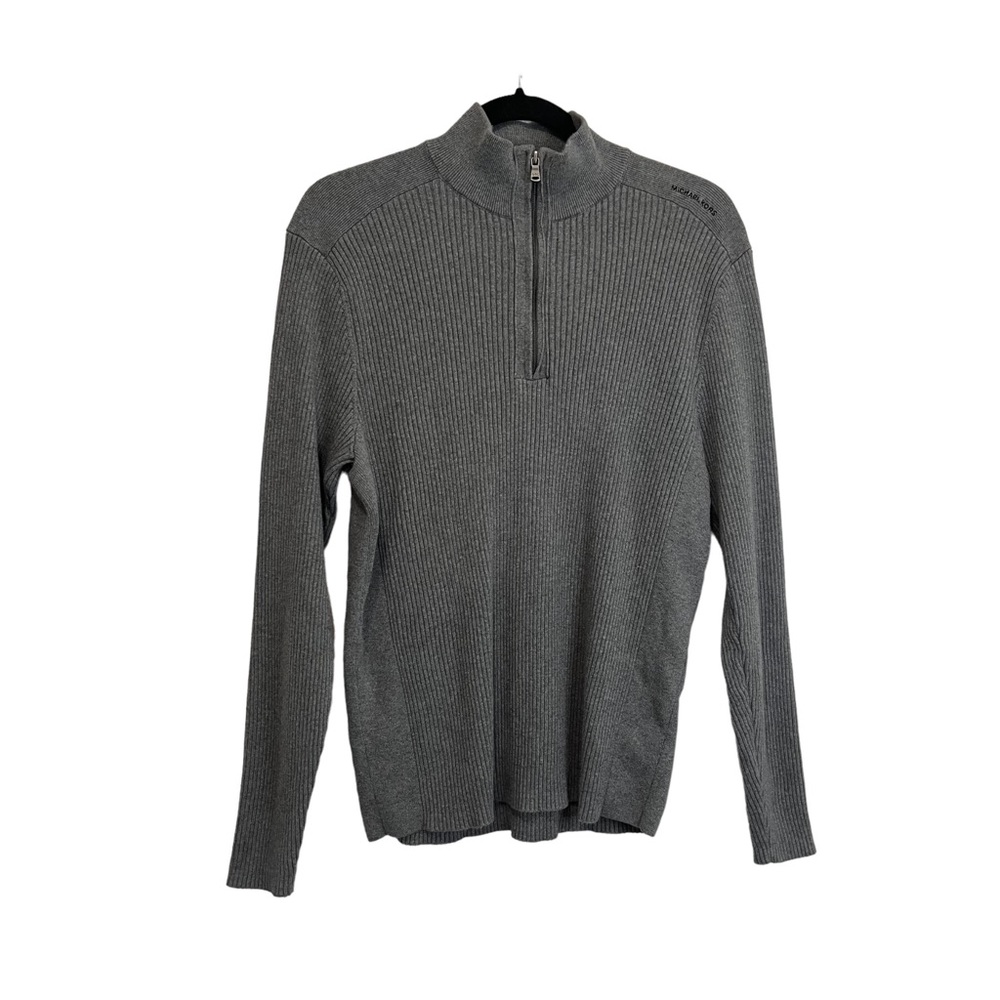 Michael Kors Sweater Mens Size L Gray Rib Knit Quarter Zip Mock Neck Long Sleeve